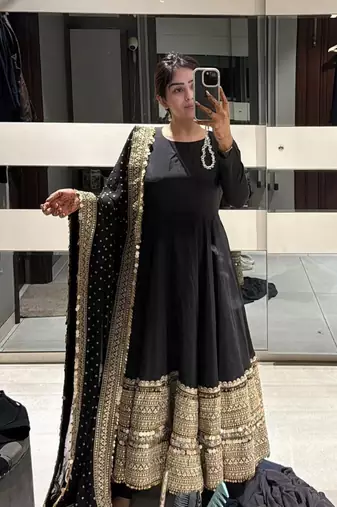 Black codding sequence work roman silk anarkali gown with natural crape bottom and fox georgette dupatta set