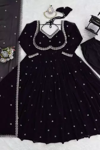 Black thread sequence work faux georgette anarkali with micro cotton pant and matching dupatta set