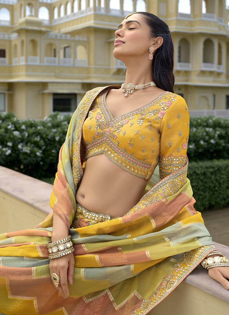 multicolor silk embroidered & handwork wedding wear lehenga choli