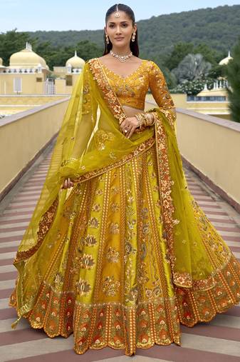 multicolor silk embroidered & handwork wedding wear lehenga choli