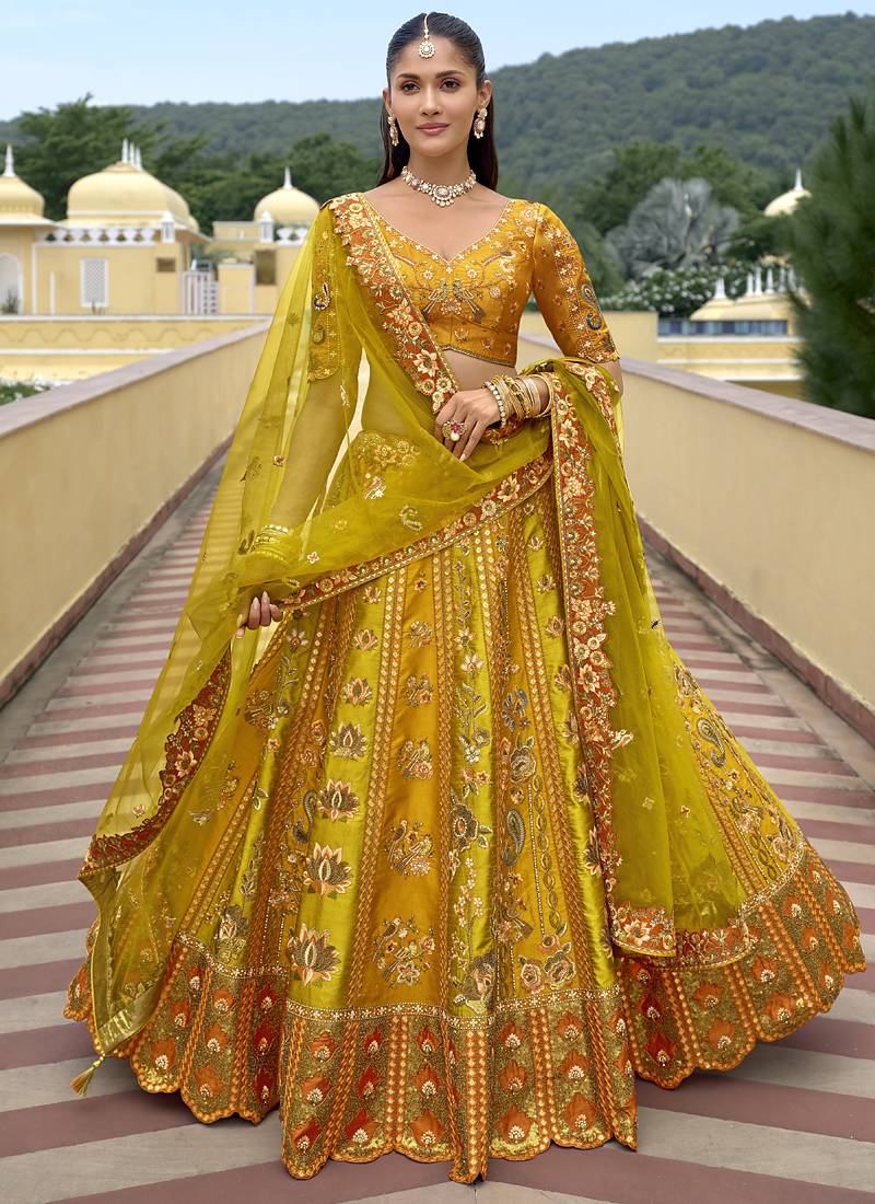 multicolor silk embroidered & handwork wedding wear lehenga choli