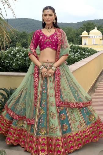 multicolor silk embroidered & handwork wedding wear lehenga choli
