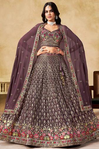 purple zari embroidered georgette lehenga set choli with dupatta