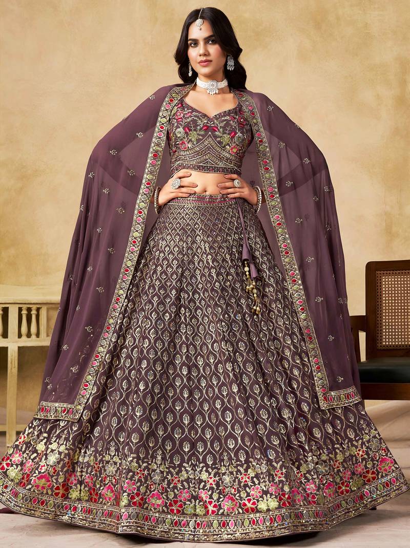 purple zari embroidered georgette lehenga set choli with dupatta