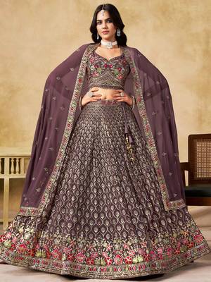 purple zari embroidered georgette lehenga set choli with dupatta 1