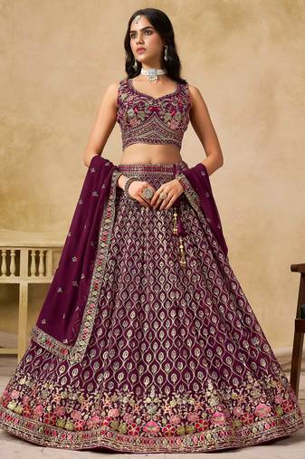 Purple Zari Embroidered Georgette Wedding Wear Lehenga Choli