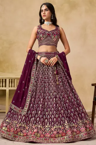 Purple Zari Embroidered Georgette Wedding Wear Lehenga Choli