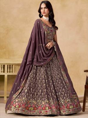 purple zari embroidered georgette lehenga set choli with dupatta 2