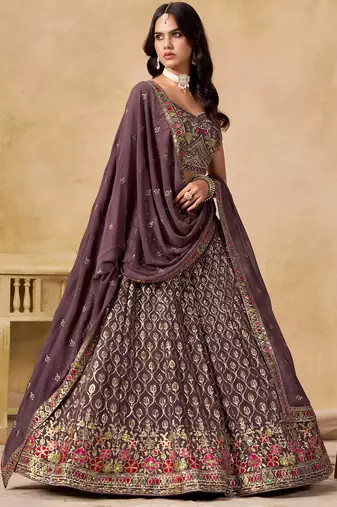 purple zari embroidered georgette lehenga set choli with dupatta