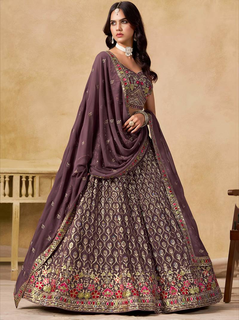 purple zari embroidered georgette lehenga set choli with dupatta