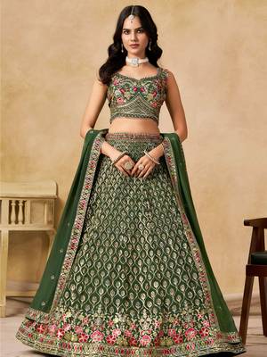 green zari embroidered georgette mehendi lehenga set choli with dupatta 1