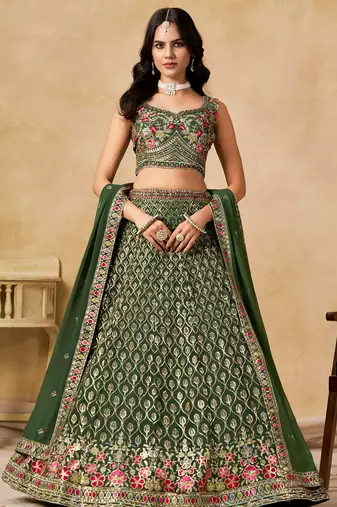 Green Zari Embroidered Georgette Mehendi Wear Lehenga Choli