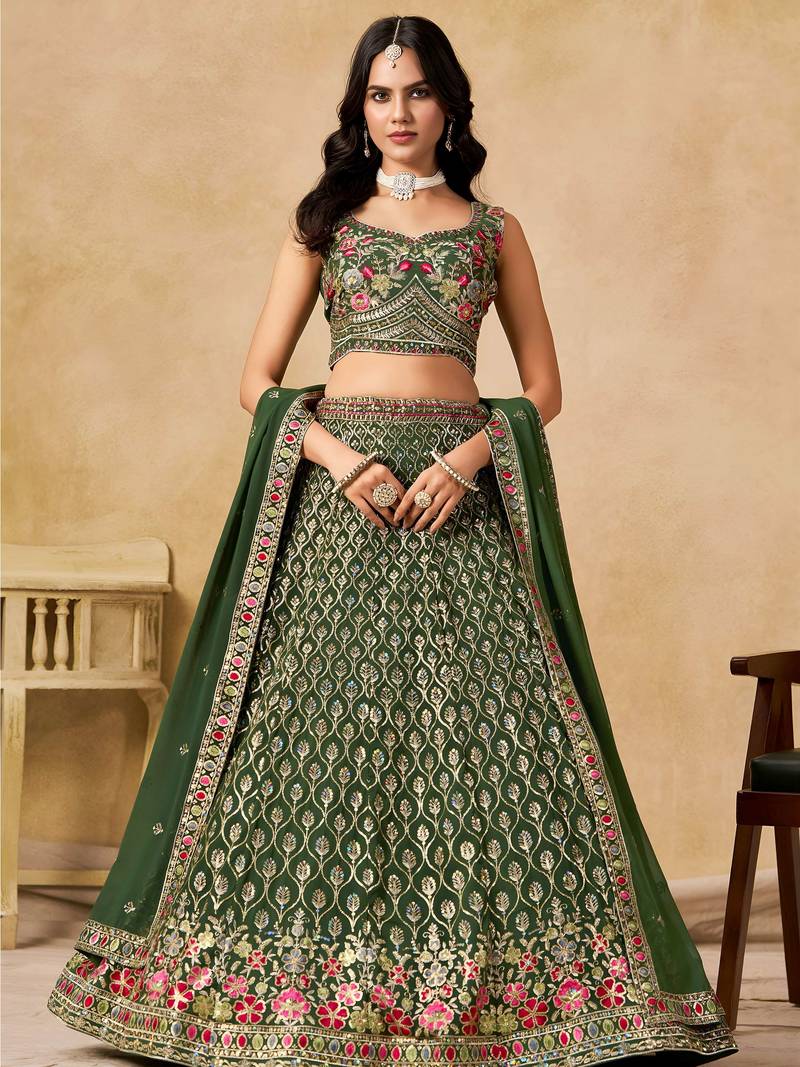 Green Zari Embroidered Georgette Mehendi Wear Lehenga Choli