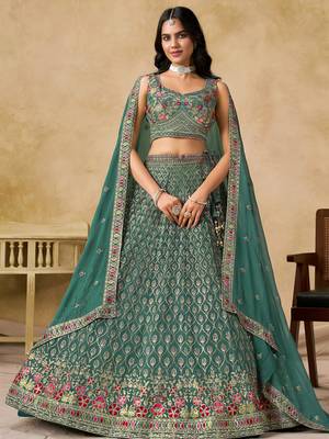 green zari embroidered georgette lehenga set choli with dupatta 1