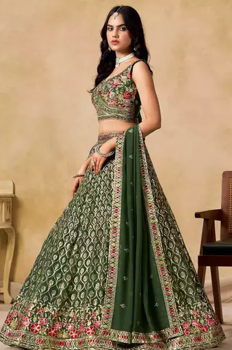 green zari embroidered georgette mehendi lehenga set choli with dupatta