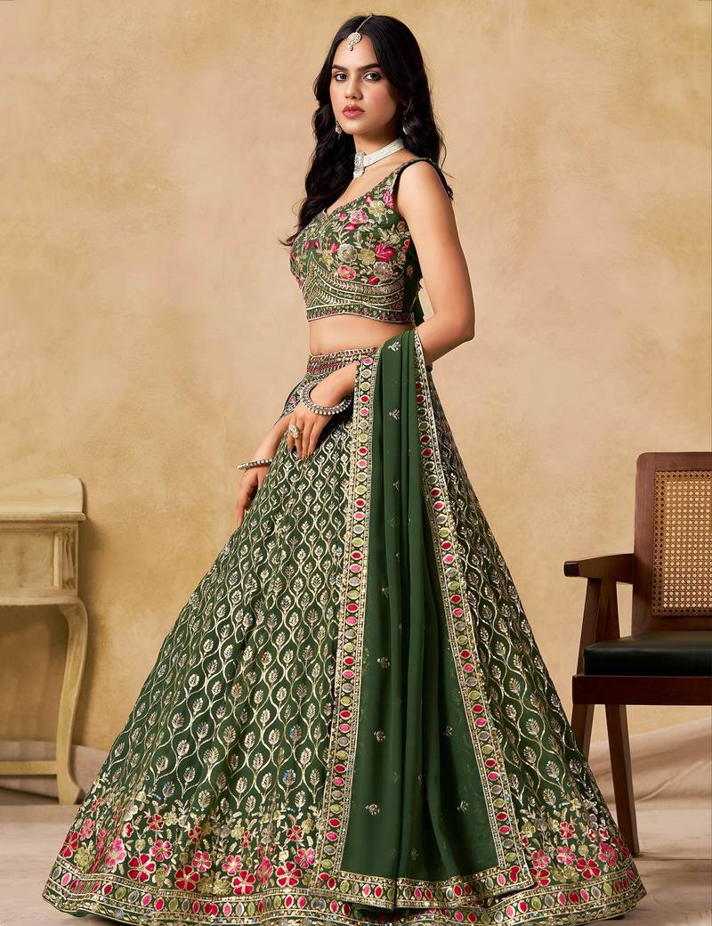 Green Zari Embroidered Georgette Mehendi Wear Lehenga Choli