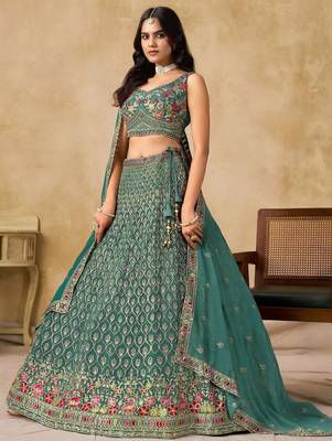 green zari embroidered georgette lehenga set choli with dupatta 2