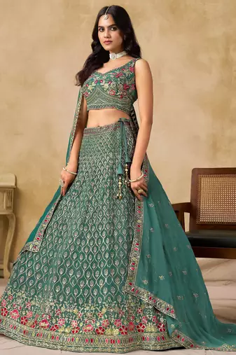 green zari embroidered georgette lehenga set choli with dupatta