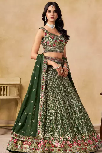 green zari embroidered georgette mehendi lehenga set choli with dupatta
