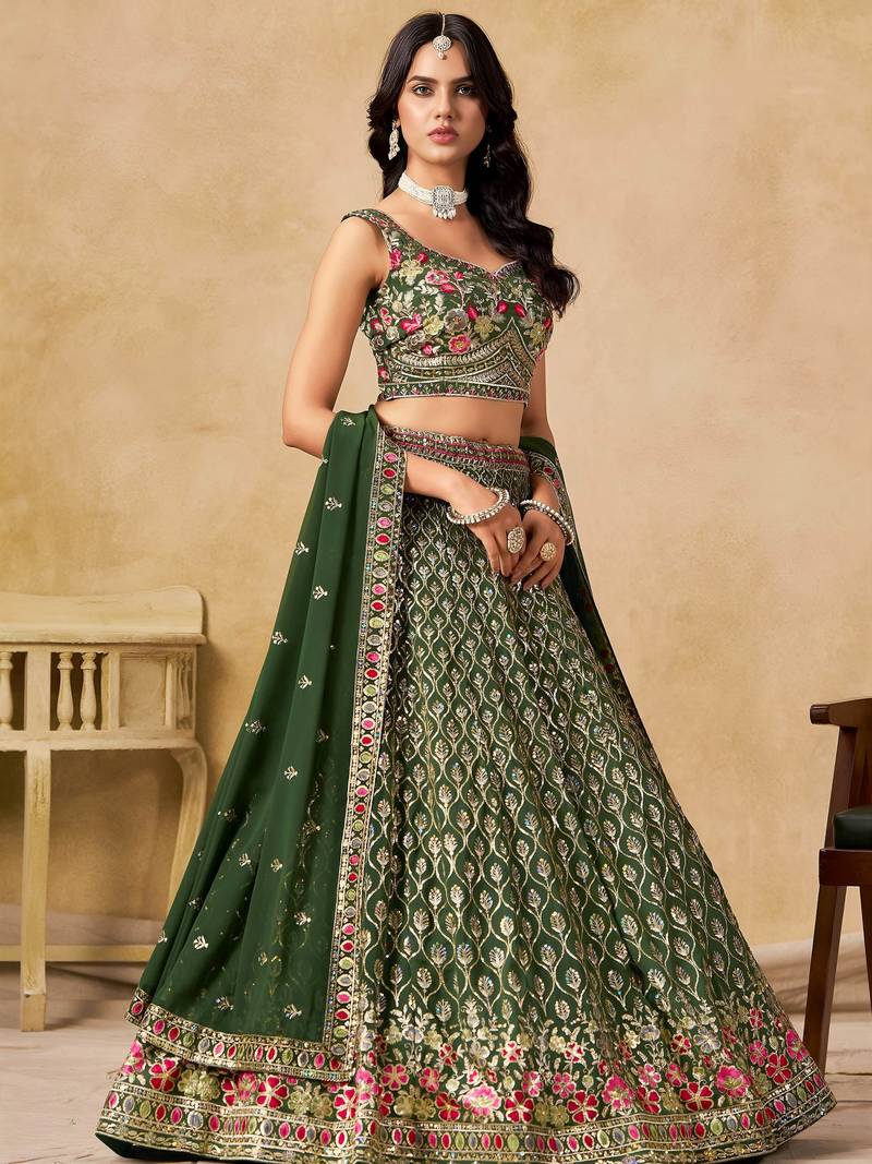 Green Zari Embroidered Georgette Mehendi Wear Lehenga Choli