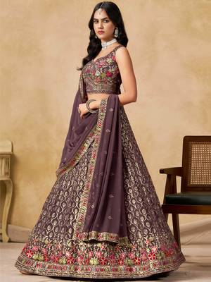 purple zari embroidered georgette lehenga set choli with dupatta 3