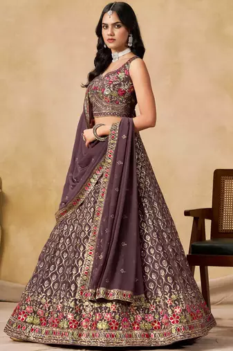 purple zari embroidered georgette lehenga set choli with dupatta