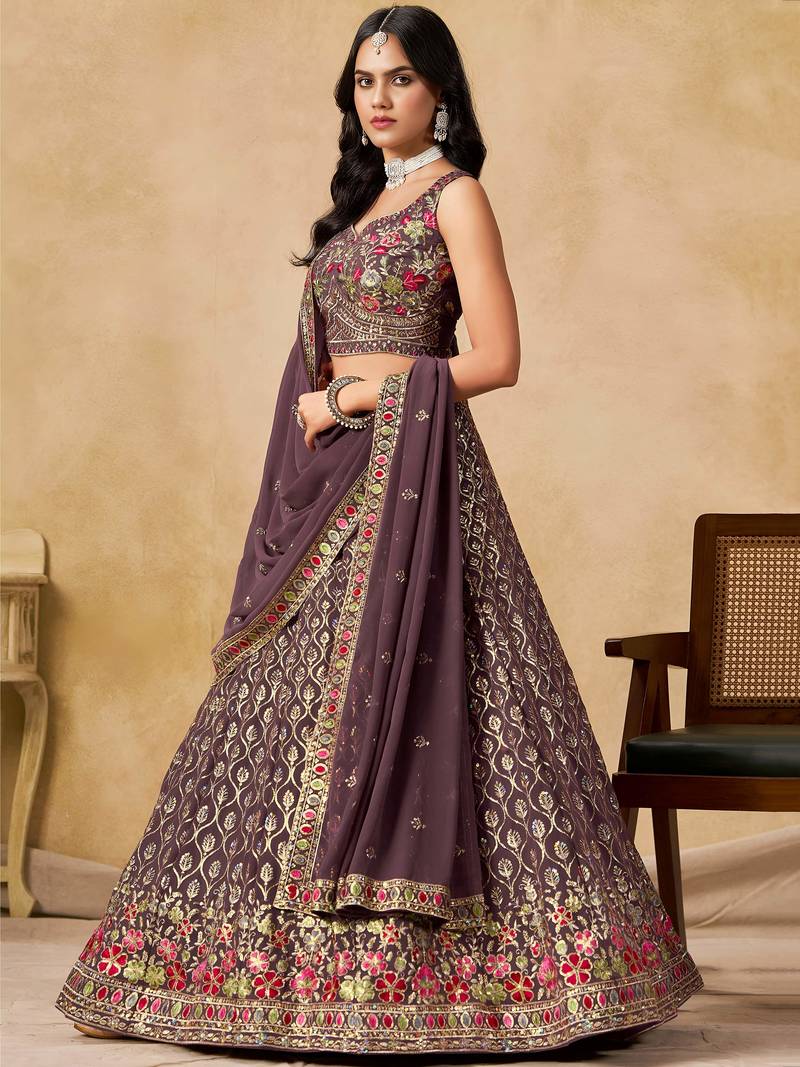 purple zari embroidered georgette lehenga set choli with dupatta