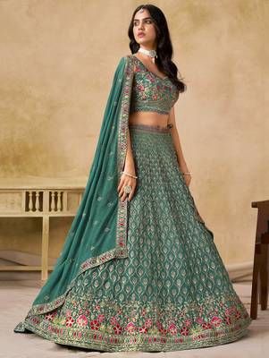 green zari embroidered georgette lehenga set choli with dupatta 3