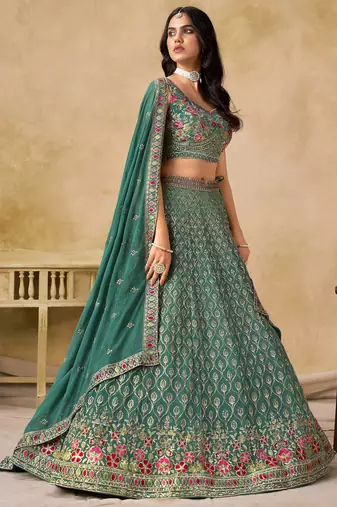 green zari embroidered georgette lehenga set choli with dupatta