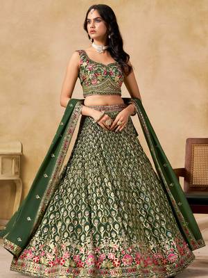 green zari embroidered georgette mehendi lehenga set choli with dupatta 4