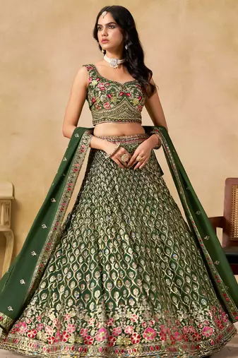 green zari embroidered georgette mehendi lehenga set choli with dupatta