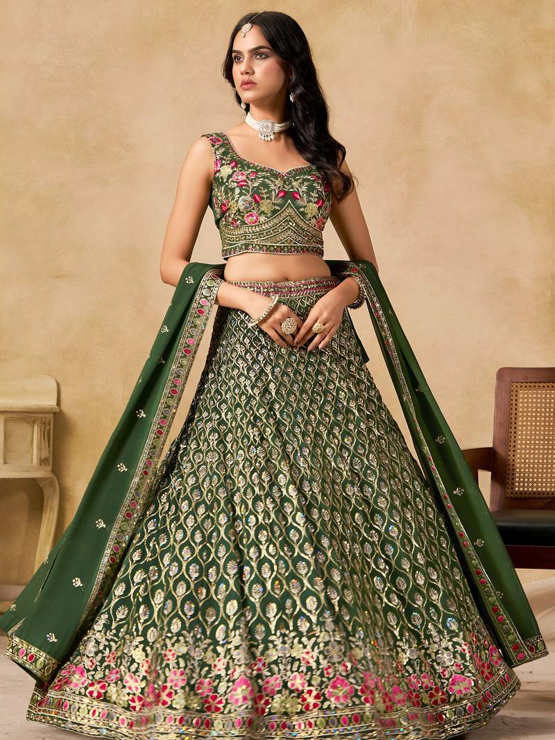 Green Zari Embroidered Georgette Mehendi Wear Lehenga Choli