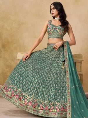 green zari embroidered georgette lehenga set choli with dupatta 4