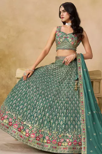 green zari embroidered georgette lehenga set choli with dupatta