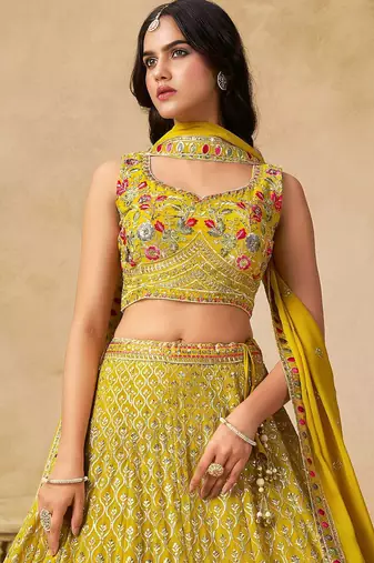yellow zari embroidered georgette haldi lehenga set choli with dupatta