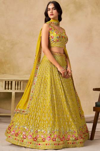Yellow Zari Embroidered Georgette Haldi Wear Lehenga Choli