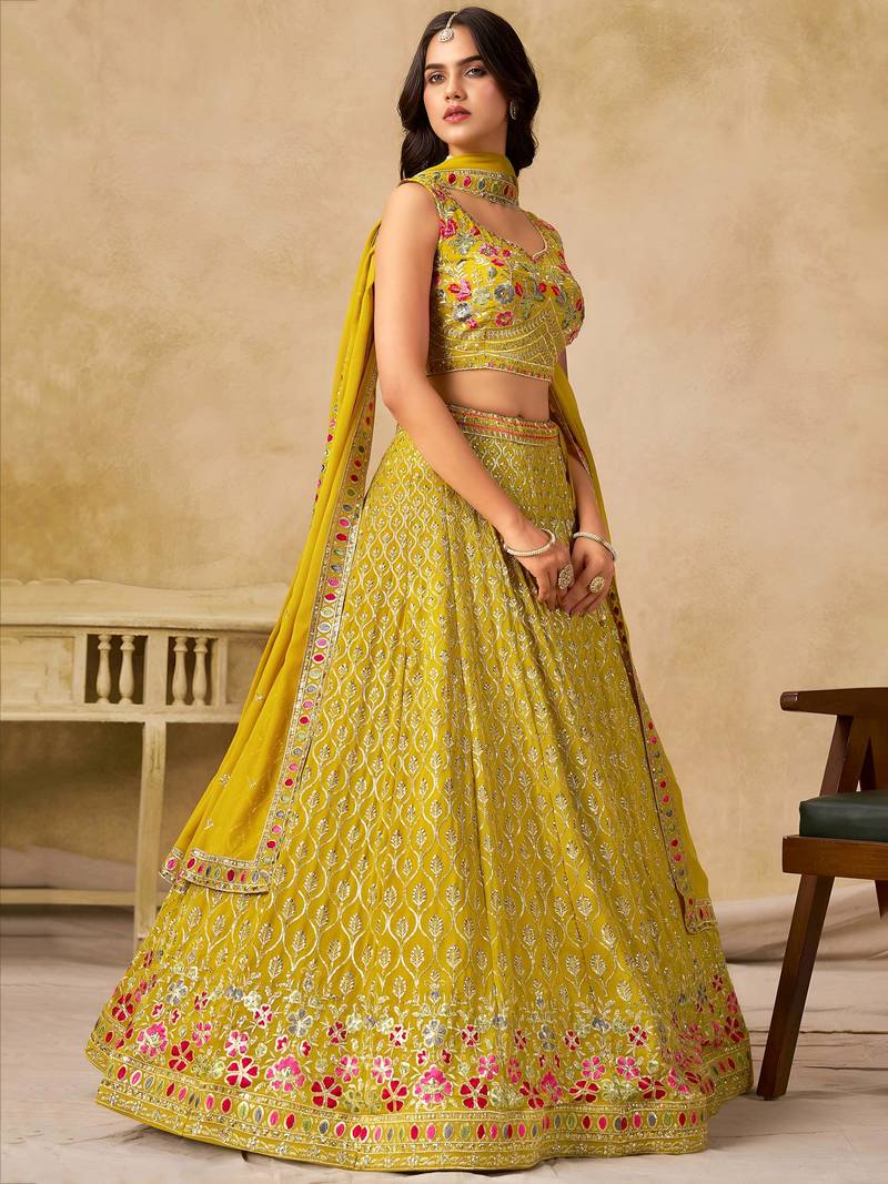 Yellow Zari Embroidered Georgette Haldi Wear Lehenga Choli