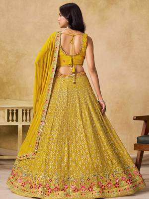 yellow zari embroidered georgette haldi lehenga set choli with dupatta 3