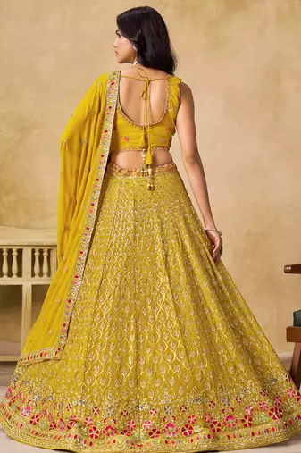 yellow zari embroidered georgette haldi lehenga set choli with dupatta