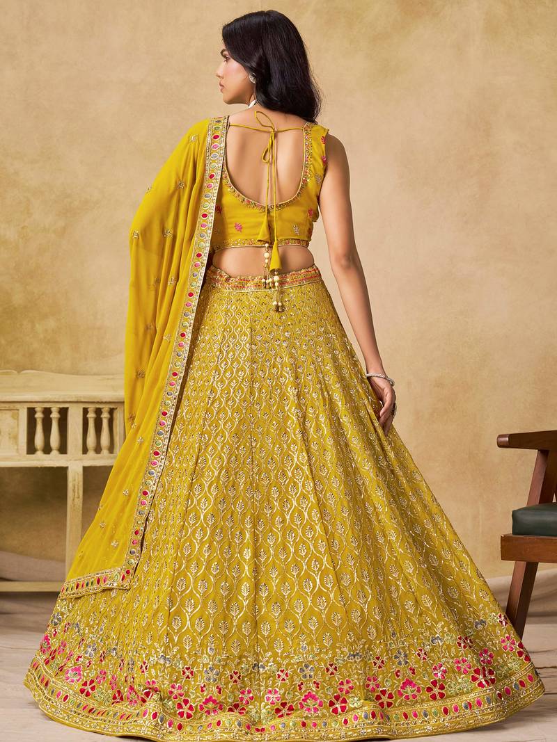 Yellow Zari Embroidered Georgette Haldi Wear Lehenga Choli