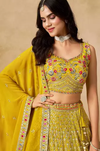 yellow zari embroidered georgette haldi lehenga set choli with dupatta