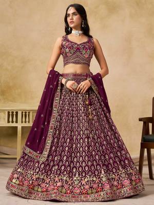 maroon zari embroidered georgette lehenga set choli with dupatta 1