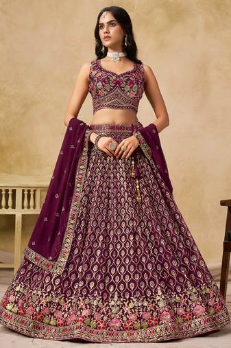 maroon zari embroidered georgette lehenga set choli with dupatta