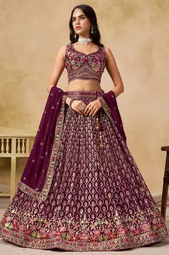 maroon zari embroidered georgette lehenga set choli with dupatta