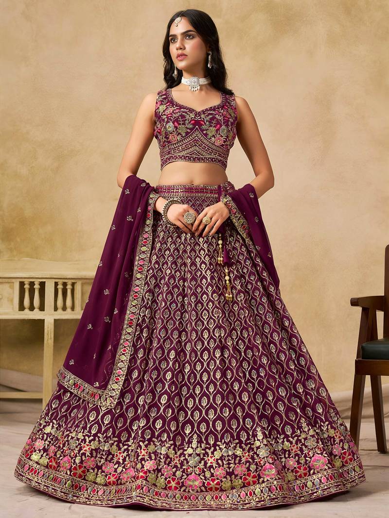 maroon zari embroidered georgette lehenga set choli with dupatta