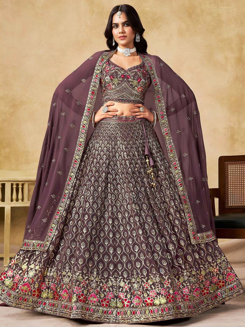 Maroon Zari Embroidered Georgette Wedding Wear Lehenga Choli