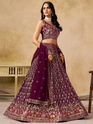 maroon zari embroidered georgette lehenga set choli with dupatta 2