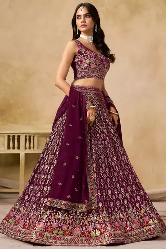 maroon zari embroidered georgette lehenga set choli with dupatta