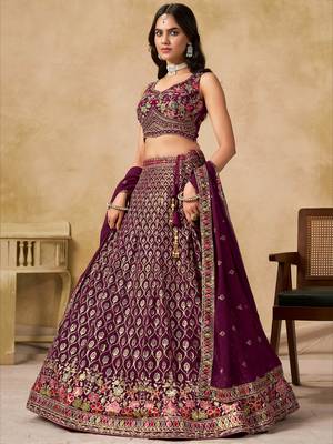 maroon zari embroidered georgette lehenga set choli with dupatta 3