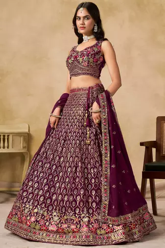 maroon zari embroidered georgette lehenga set choli with dupatta